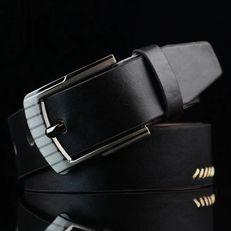 Men's retro-style pin buckle belt in imitation leather with patterned detail, alloy buckle, shown in black colour.