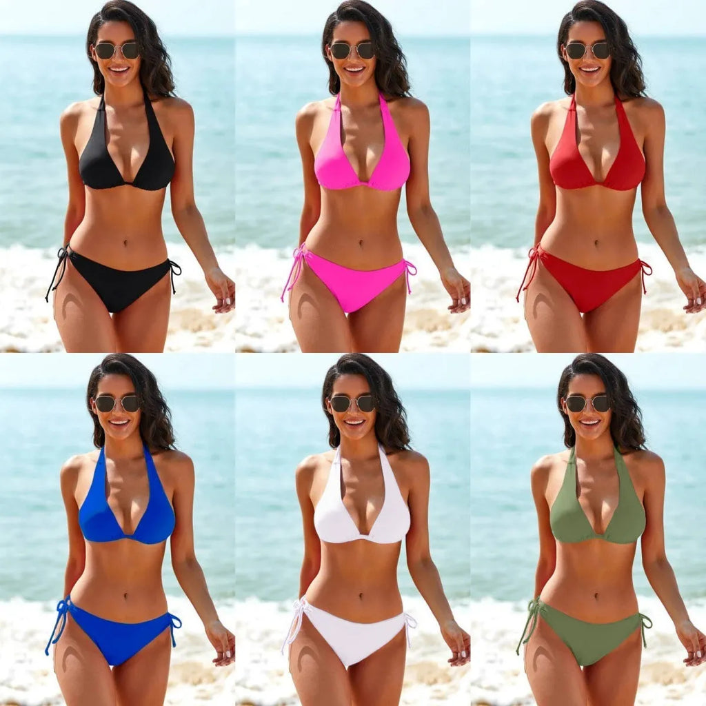 Solid colour bikini swimsuit set with adjustable straps in black, available in sizes S to XL