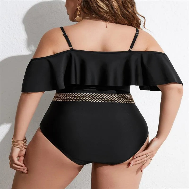 Black polyester one-piece swimsuit for women on a mannequin, showing full-coverage plus-size design.