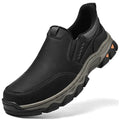 Men's dark brown casual leather shoes with a flat heel and round toe on a white background