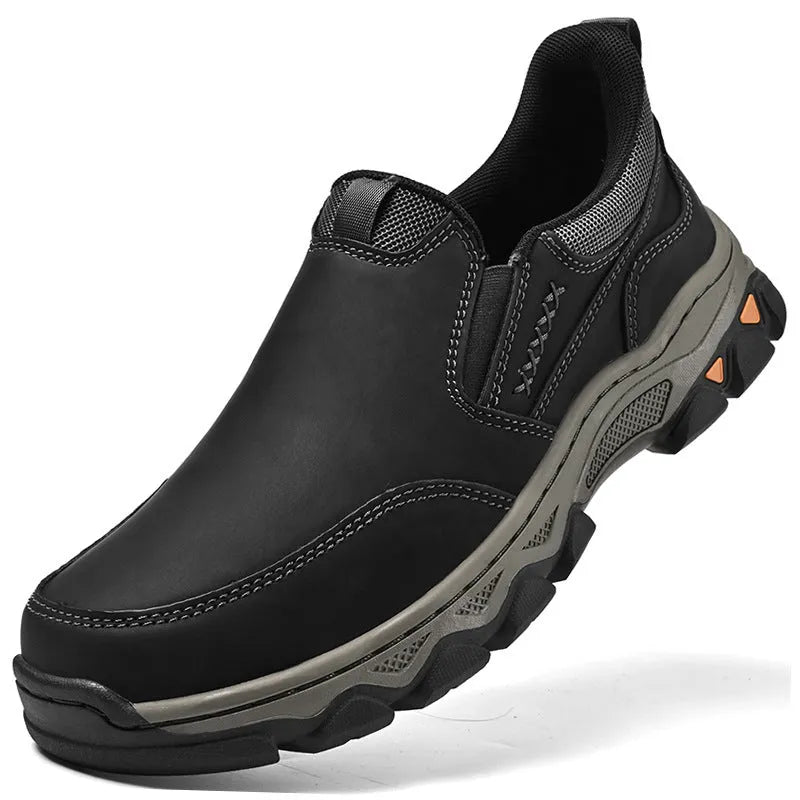 Men's dark brown casual leather shoes with a flat heel and round toe on a white background