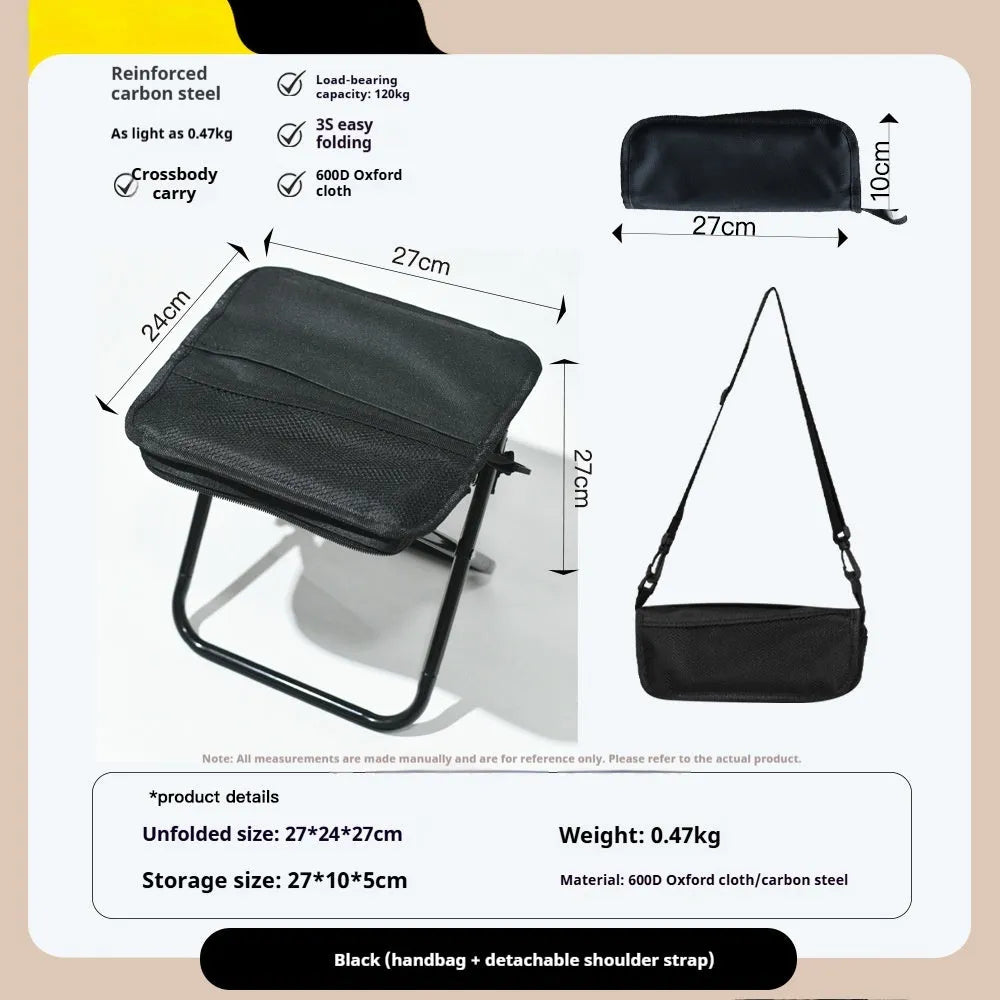 Outdoor foldable camp chair stool in Oxford fabric shown in khaki colour, folded in pencil box shape.