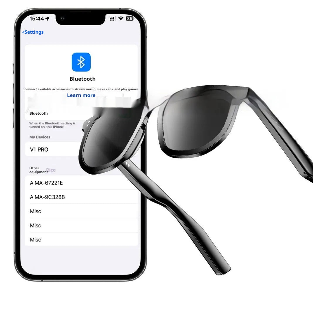 Black Bluetooth smart sunglasses with touch control and anti-blue light lenses
