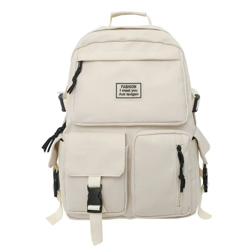 Soft nylon student backpack in black with three-dimensional pockets and laptop compartment