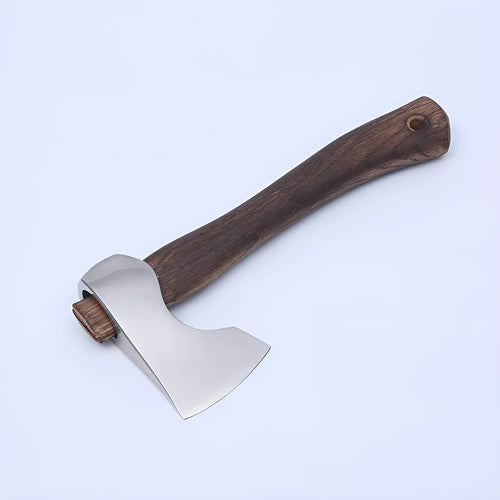 Camping axe with high carbon steel head and wooden handle on a neutral background