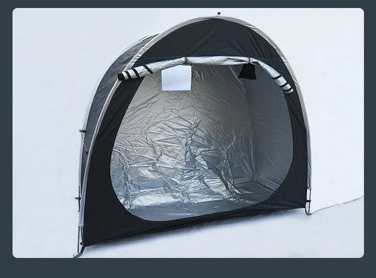 Black outdoor bicycle storage tent providing covered parking for 2-3 bicycles with dimensions 185cm x 65cm x 165cm