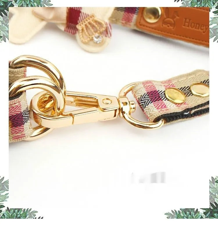 Two sets of pet dog harness with classic plaid bow collar and retractable polyester traction rope in S M L sizes