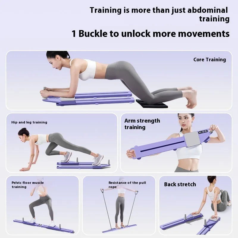 A compact purple split skiing machine trainer folded on a wooden floor, showing its 85cm length and PP construction.
