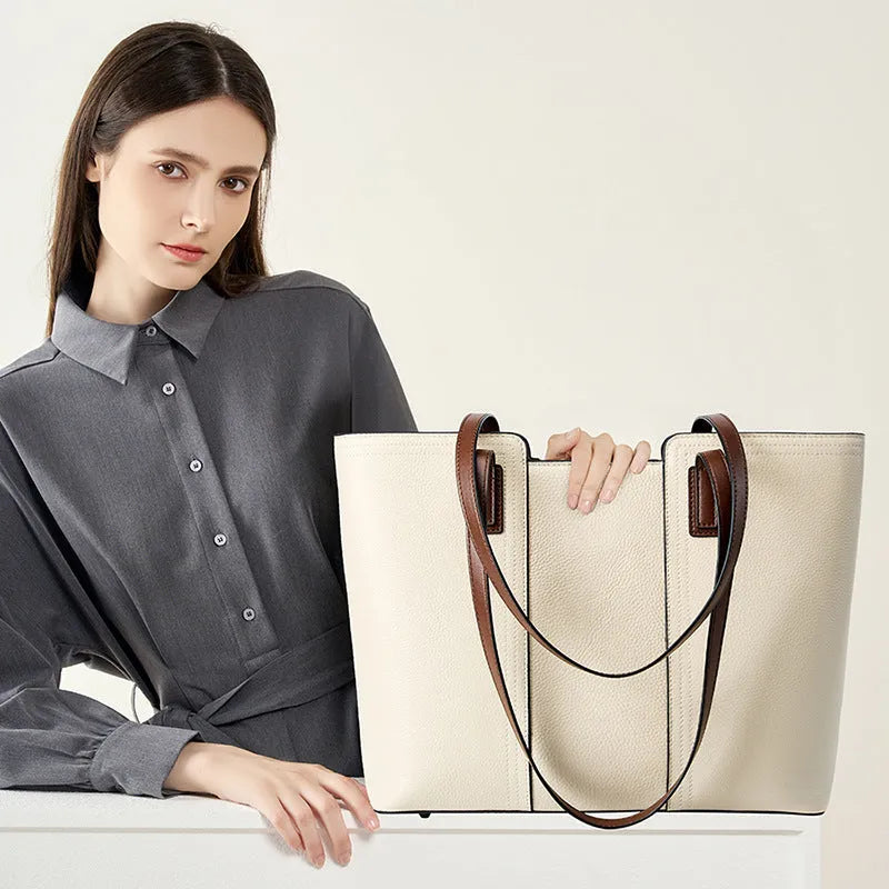 Women's genuine leather commuter bag with internal organisation compartments in horizontal square design