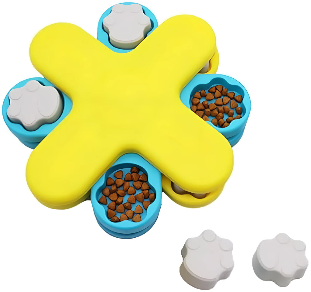 Yellow three-layer rotating dog puzzle feeder with claw-shaped lids and anti-slip rubber pads on the base.
