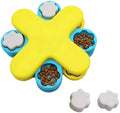 Yellow three-layer rotating dog puzzle feeder with claw-shaped lids and anti-slip rubber pads on the base.