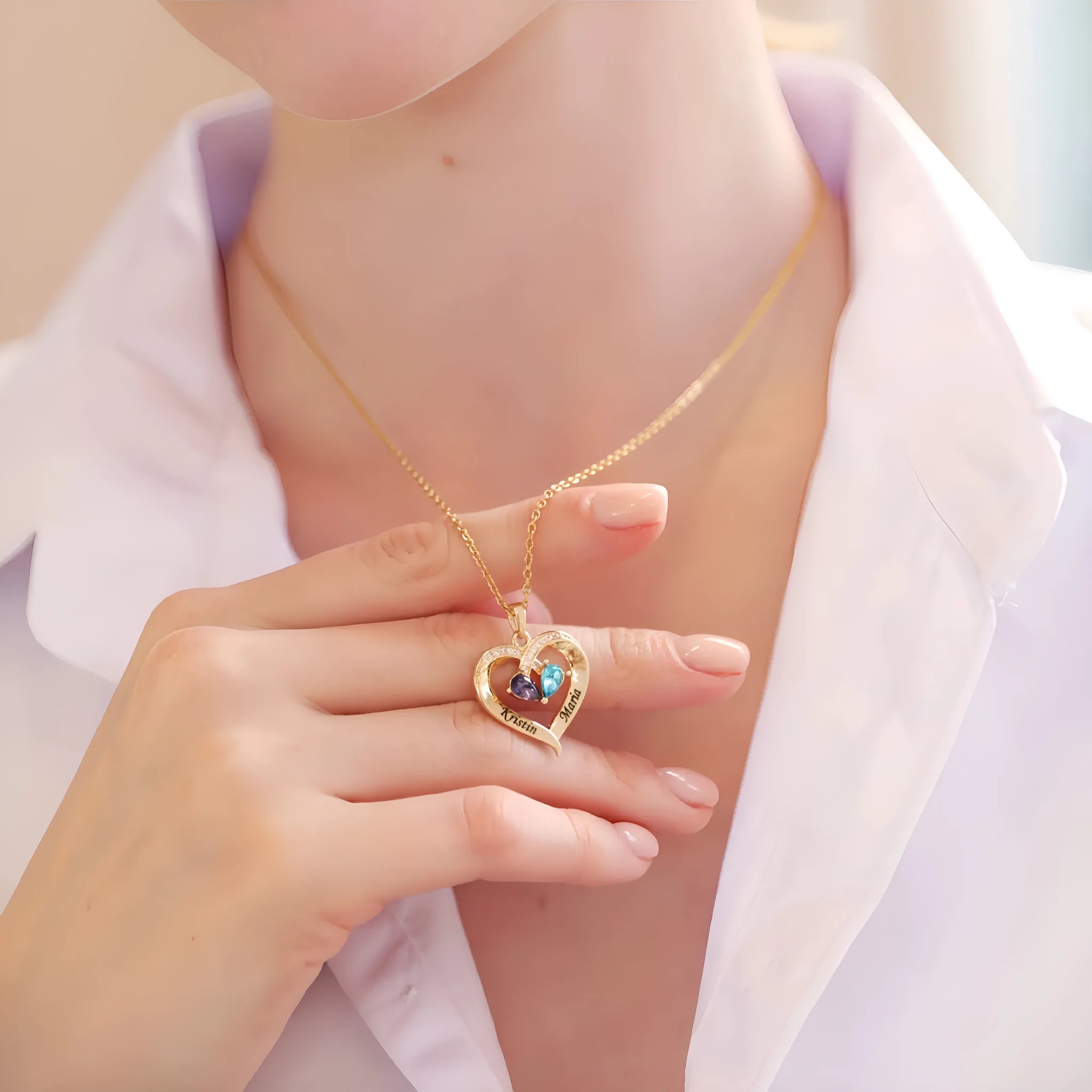 Two-colour water drop heart pendant necklace with diamond and birthstone for women.
