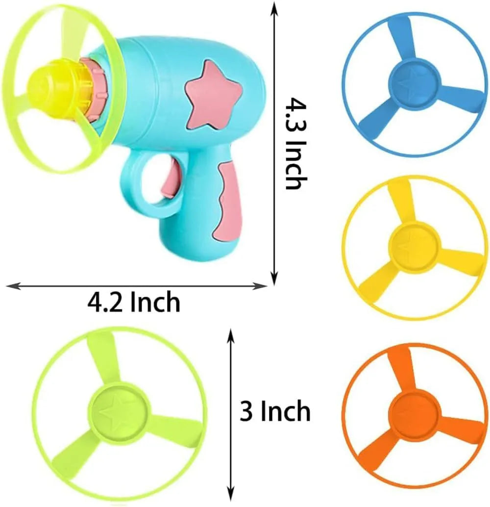 Blue plastic cat toy gun with spinning Frisbee launcher for indoor cats