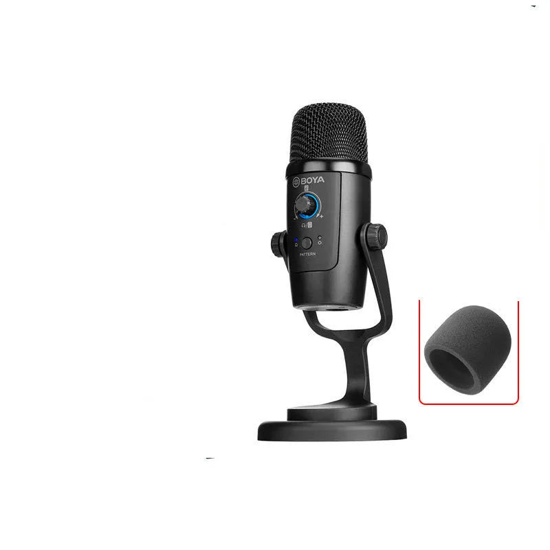 Black Boya BY-PM500 USB microphone with built-in sound card on a desk