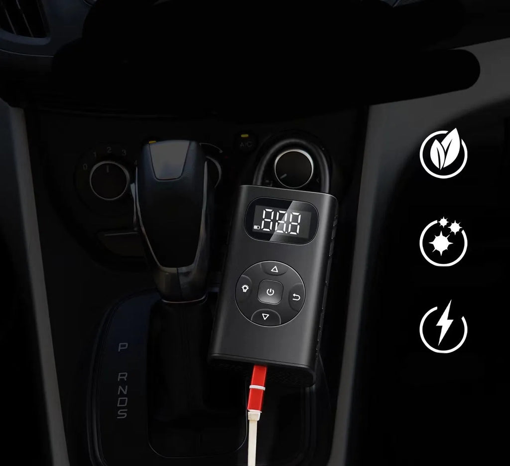 Black cuboid portable power bank tyre inflator with USB cable and extended inflation tube