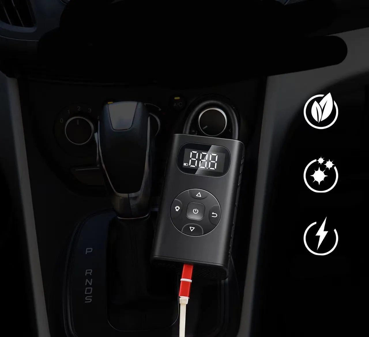 Black cuboid portable power bank tyre inflator with USB cable and extended inflation tube