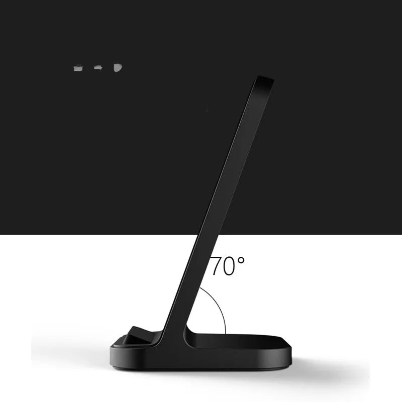 Dark grey vertical wireless charging stand for Apple phones measuring 70x70x113 mm