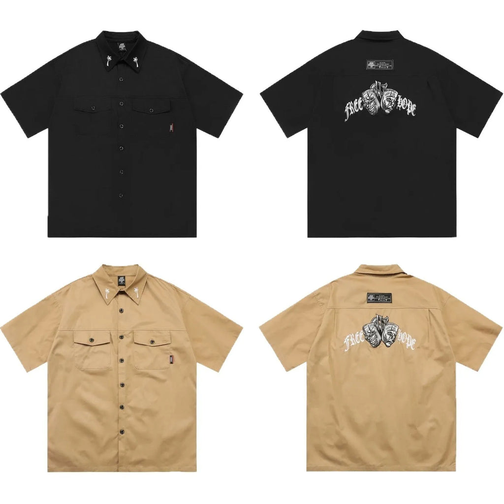 Men's loose fit half sleeve shirt with embroidery in black or khaki colour options