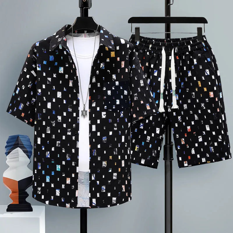Men's casual sports shorts two-piece set in polyester, showing short sleeve top and matching shorts.