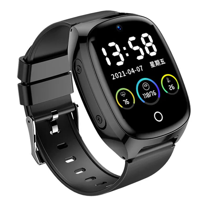 Black GPS tracker smartwatch with 1.54-inch touch screen showing health monitoring interface