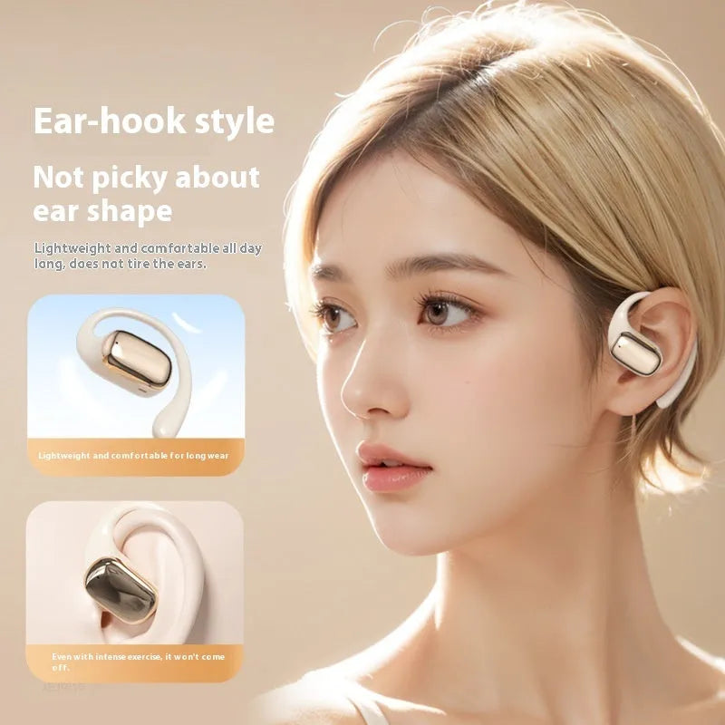 Wireless ear-mounted headphones with digital display screen shown in black, white, and skin colour options.