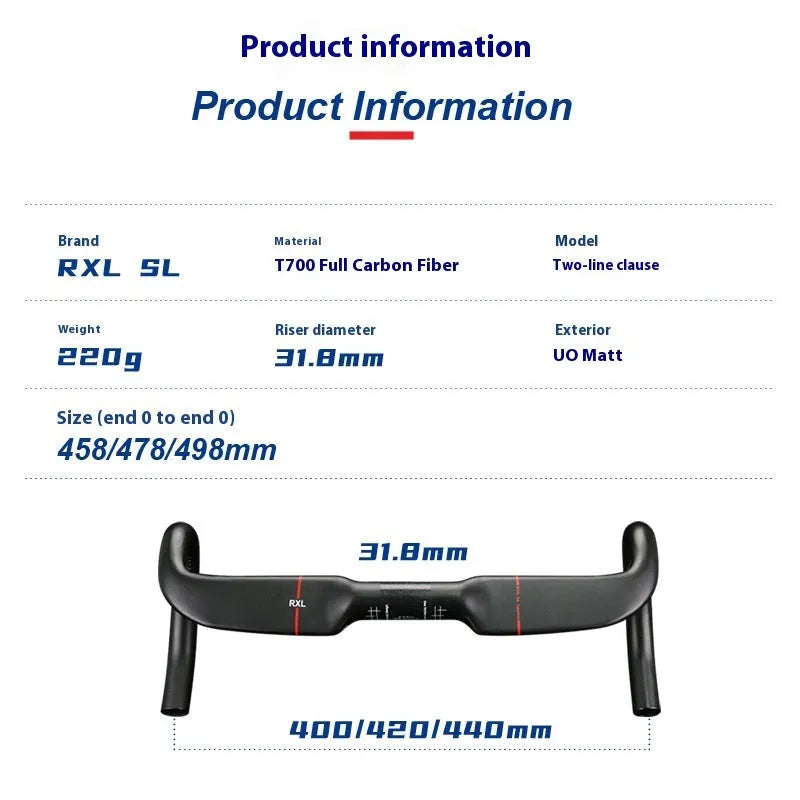 Carbon fibre road bicycle handlebar shown in black double line and red double line finishes