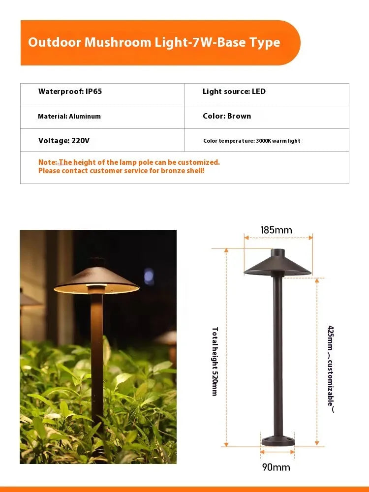 Aluminium IP65 outdoor lawn lamp with geometric abstract art design, 7W 220V, brown finish, floor socket model