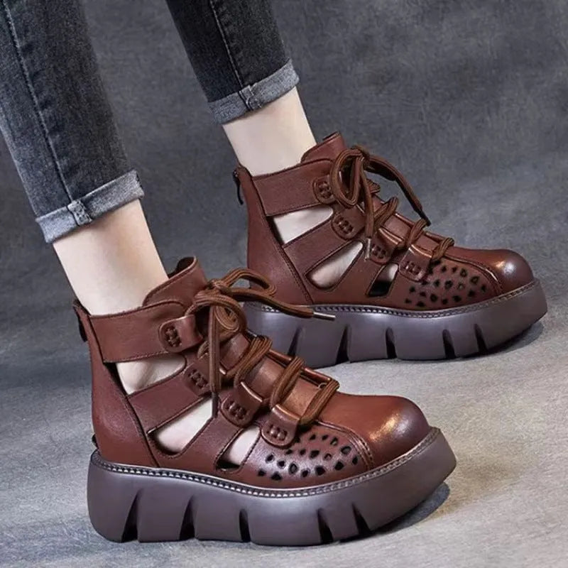 Women's black platform sandals with hollow hole design and fish mouth toe opening