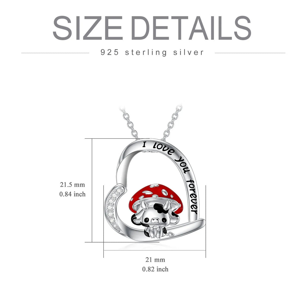 925 sterling silver cow necklace with mushroom hat pendant on love heart, 18in cable chain and 2in extender
