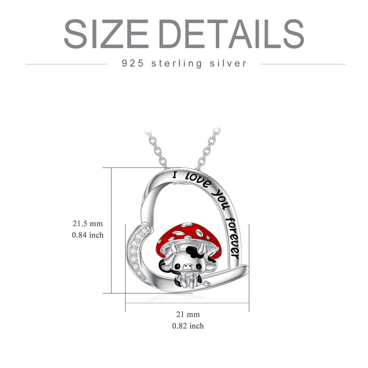 925 sterling silver cow necklace with mushroom hat pendant on love heart, 18in cable chain and 2in extender