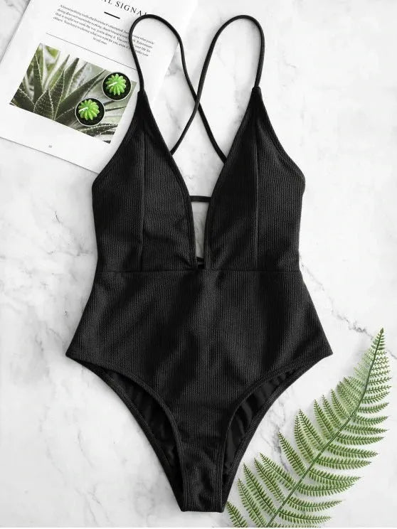 Solid colour backless lace-up one-piece swimsuit for women in black