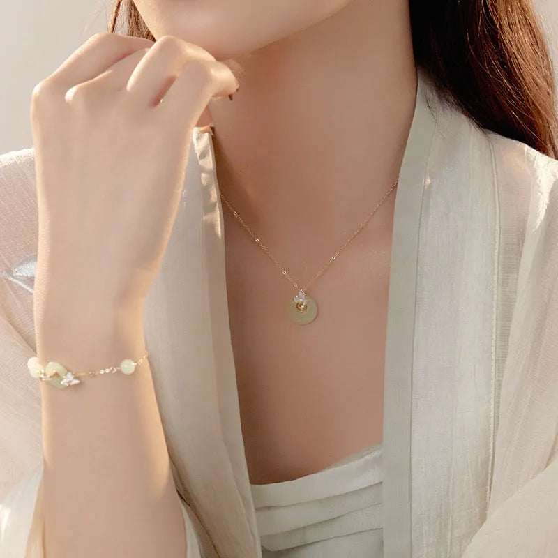 925 silver orchid and geometric pendant necklace with safe buckle clasp and matching bracelet.