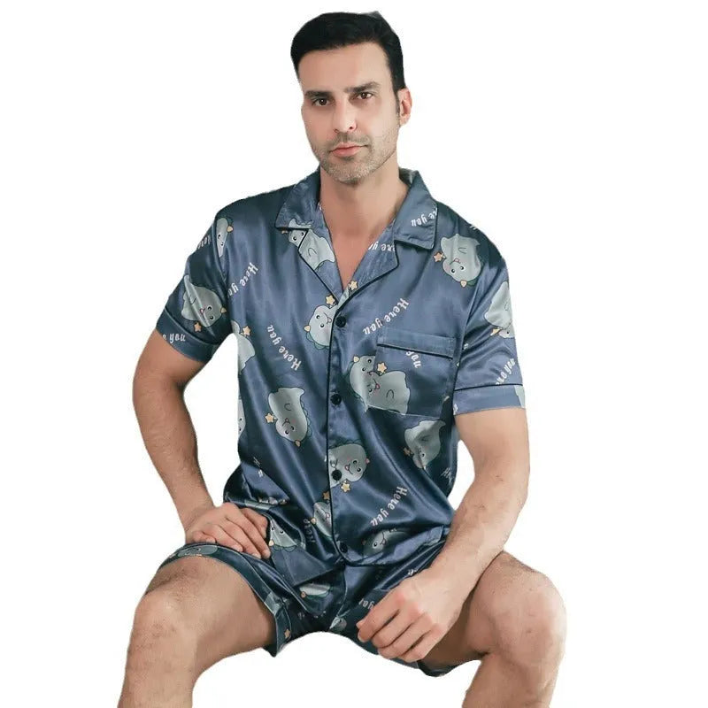 Men's ice silk short sleeve pyjamas set cardigan style in picture colour