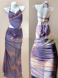 Women's blue printed three-piece bikini set with triangle top featuring steel wire support and a detachable skirt.
