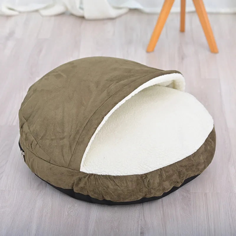 Brown cloth dog kennel with removable washable cover for small to medium dogs.