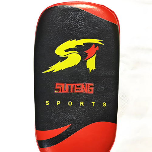 Black and red square hand-held martial arts training target pad with a buckle strap.