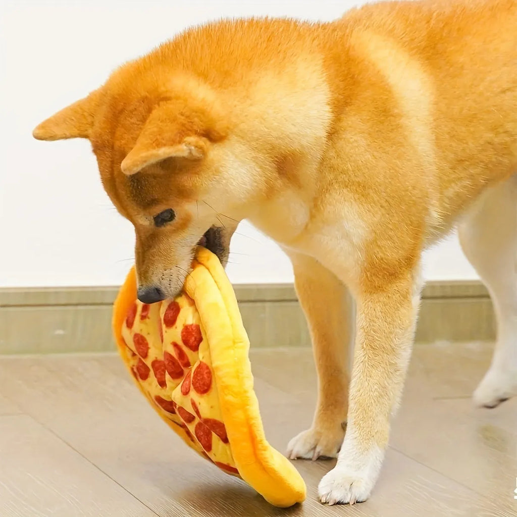 Yellow pizza-themed plush dog toy with squeaker for chewing and interactive play