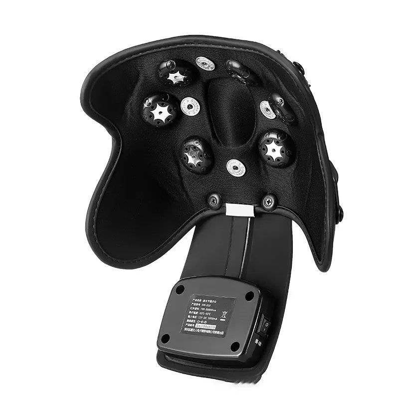 Portable infrared knee massager with adjustable heat control and shoulder pad attachment.