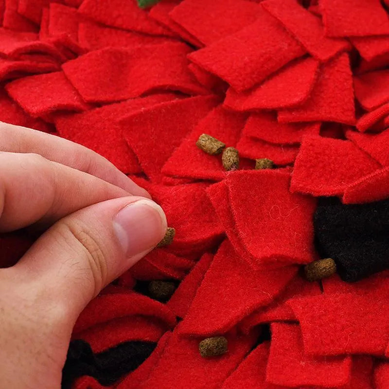 Red and green strawberry-shaped pet snuffle mat with hiding spots for interactive feeding