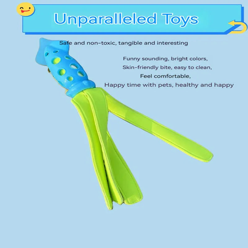 Blue cuttlefish-shaped dog chew toy with textured surface and squeaker for teeth cleaning