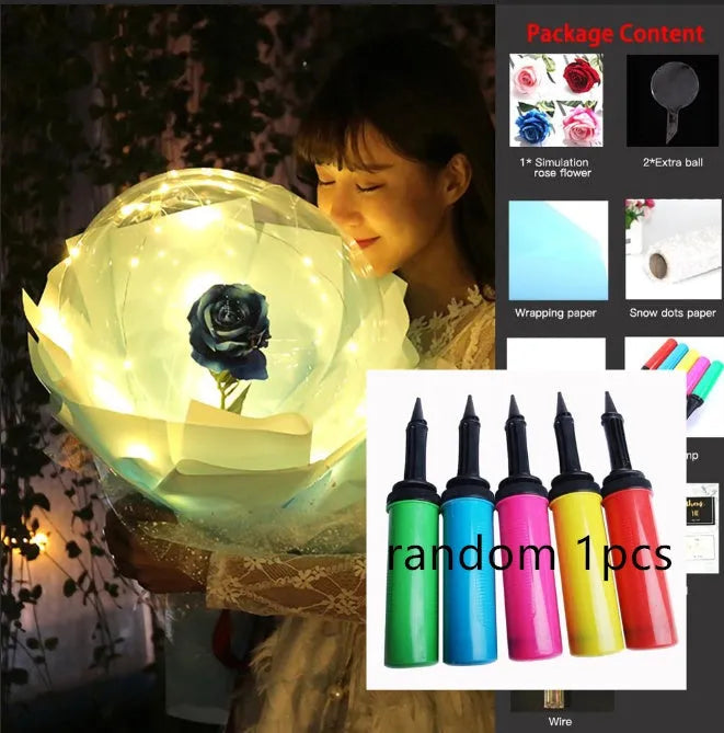 DIY LED luminous balloon rose bouquet set with transparent Bobo balls and LED lights on artificial flowers