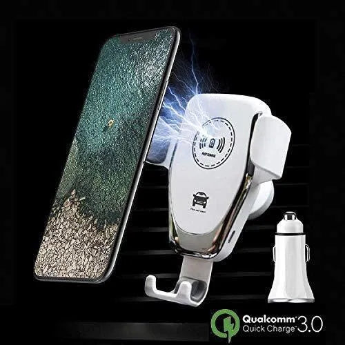 Car wireless charger mount with automatic clamp for Apple iPhones showing black and white colour options
