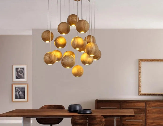 Nordic style wooden ball chandelier pendant light with adjustable cord