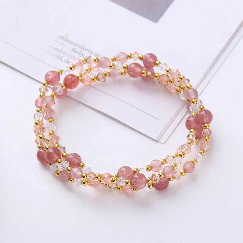 Handmade women's adjustable bracelet with three amethyst, strawberry quartz, or tourmaline crystal stones.