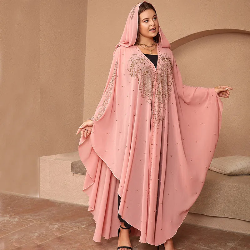 Long purple chiffon shawl with rhinestone beading, draped to show length and detail.