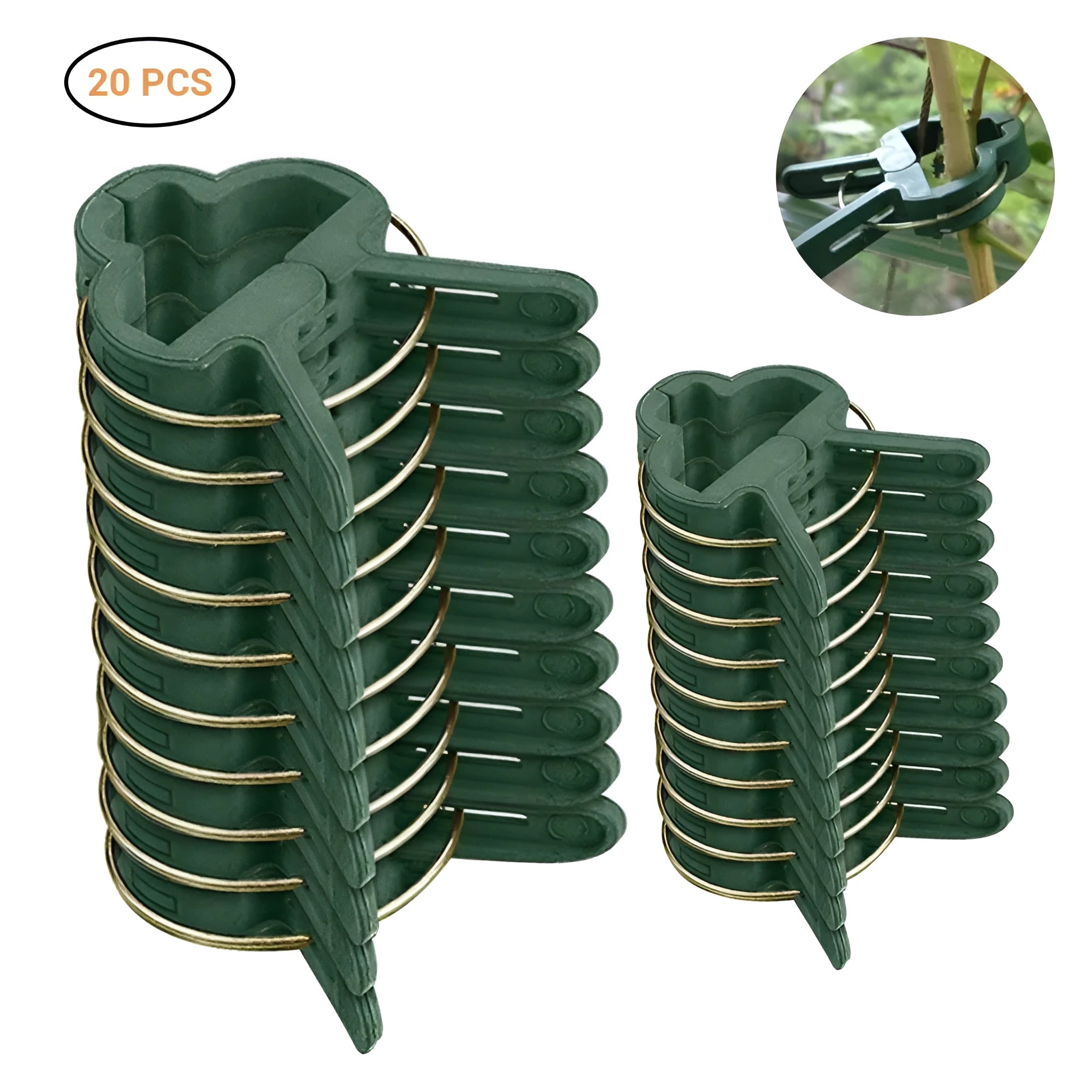 Green plastic and zinc plant fixing clips in large and small sizes for securing climbing plants.