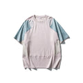 Men's loose blue patchwork contrast short sleeve t-shirt on a hanger