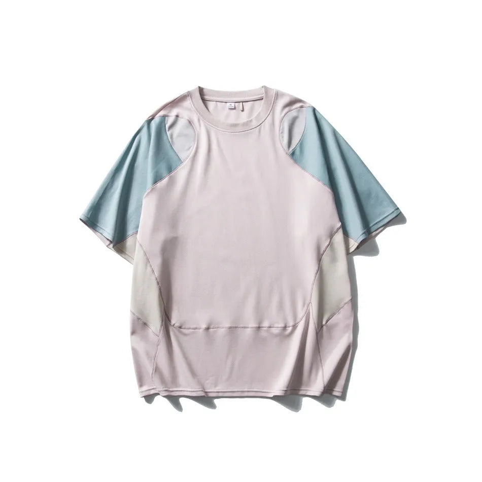 Men's loose blue patchwork contrast short sleeve t-shirt on a hanger