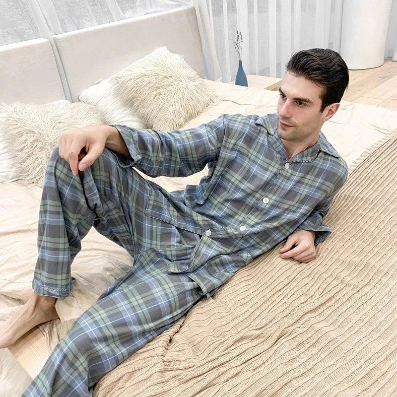 Men's warm cotton flannel pajama suit with lapel collar and long sleeves in blue stripe pattern