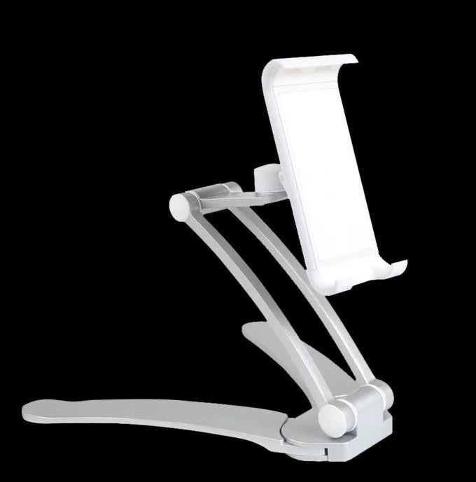Silver aluminium alloy desktop tablet stand with adjustable black clips, holding a tablet.